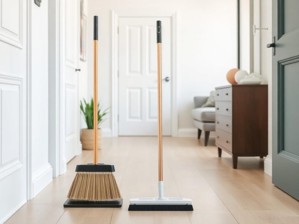 Broom and sweep set on a clean hardwood floor in an apartment entryway