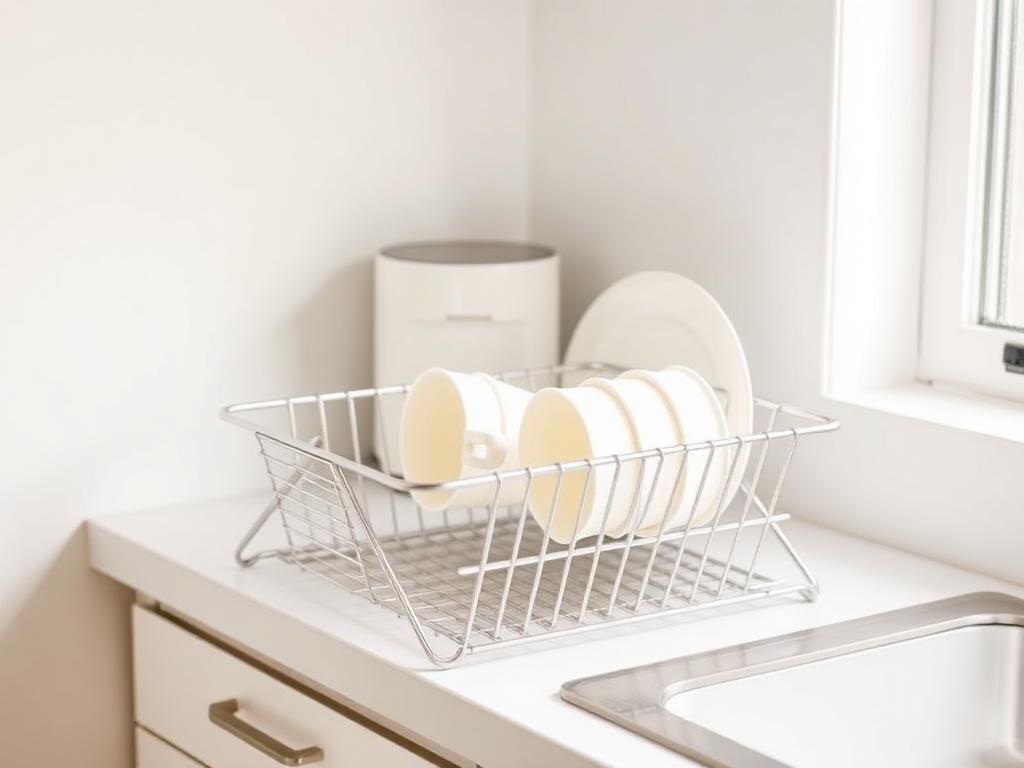 Compact dish rack with mugs and plates drying on a small kitchen counter