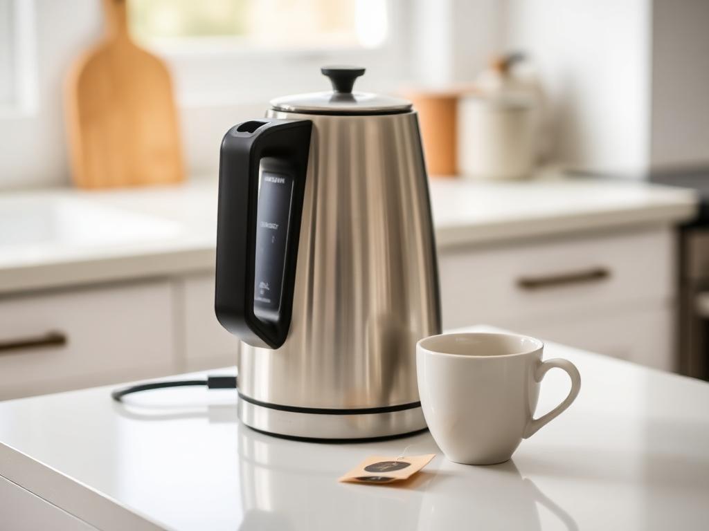 Stainless steel electric kettle on a kitchen counter with a mug