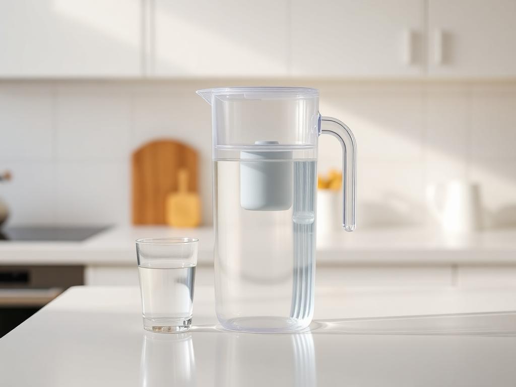 Clear water filter pitcher on a bright kitchen counter