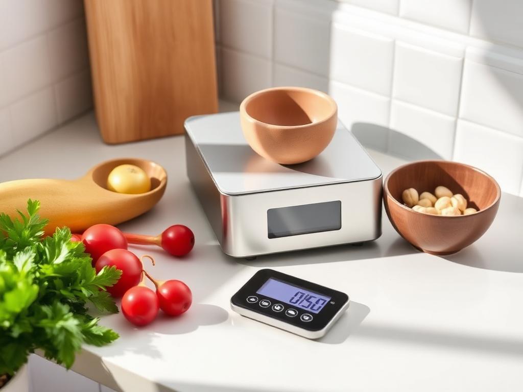 Digital kitchen scale on a counter with bowl and fresh ingredients