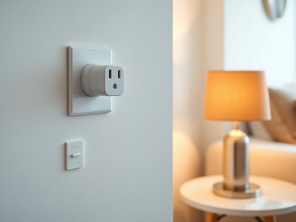 White smart plug in a wall outlet with a glowing lamp nearby