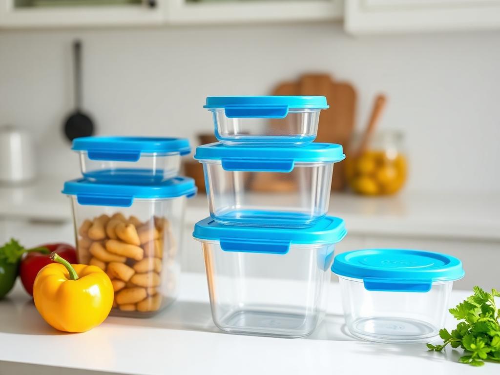 Clear food storage containers stacked on a kitchen counter