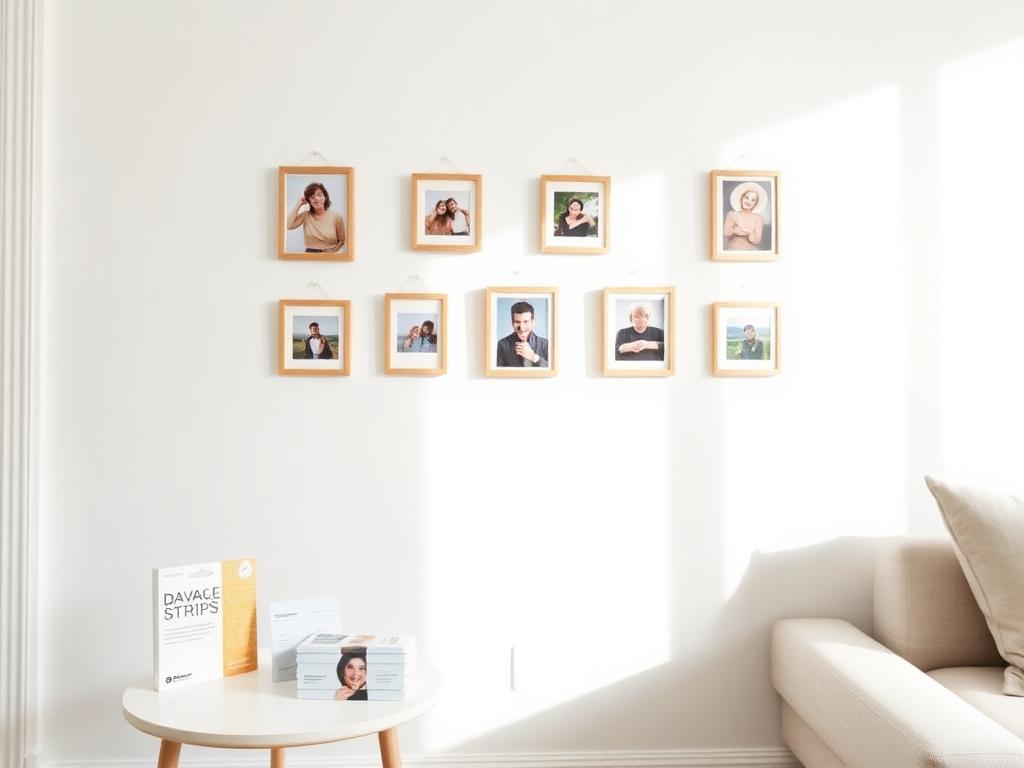 Framed photos hung with damage-free strips on a clean apartment wall