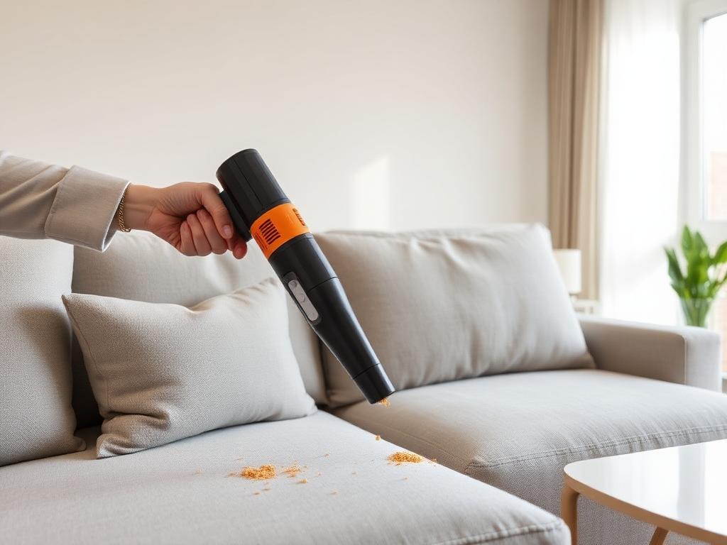 Handheld vacuum cleaning crumbs off a light fabric couch