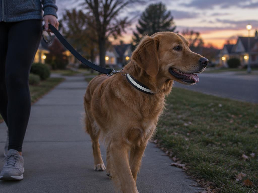 Dog wearing a reflective-style collar on an evening walk