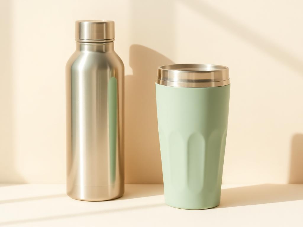 Stainless steel water bottle next to a sage green travel mug