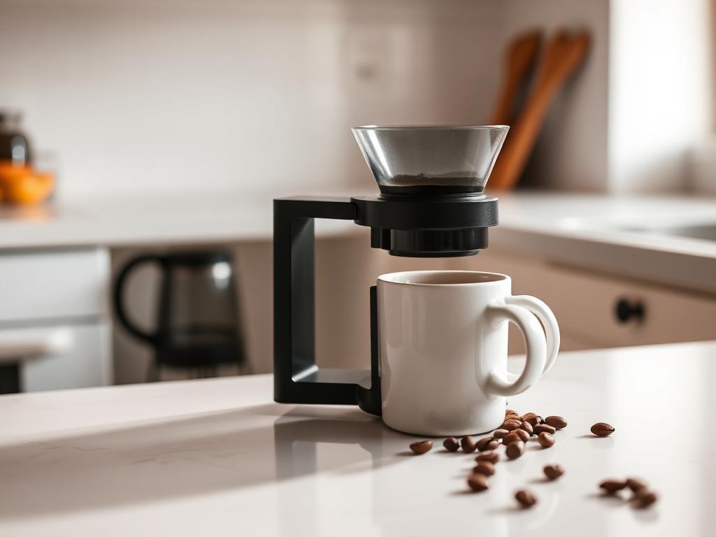 AeroPress coffee press with mug and coffee beans on a kitchen counter