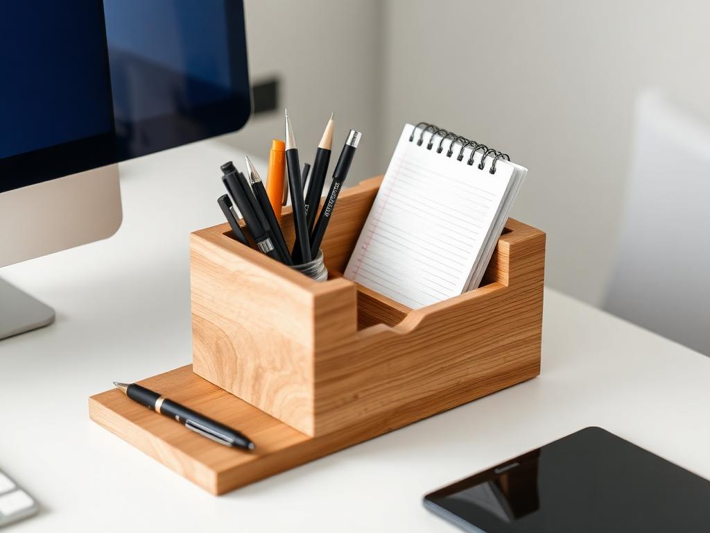 Wood desk organizer with pens and notepad on a clean desk