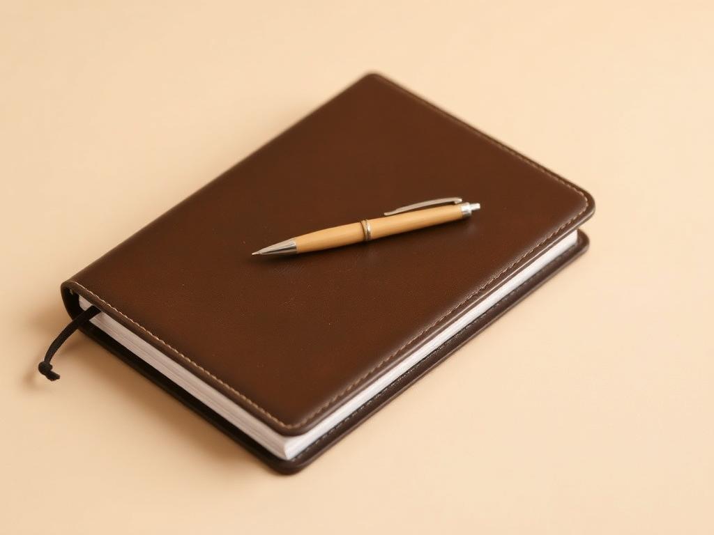 Brown hardcover planner with a wooden pen on top