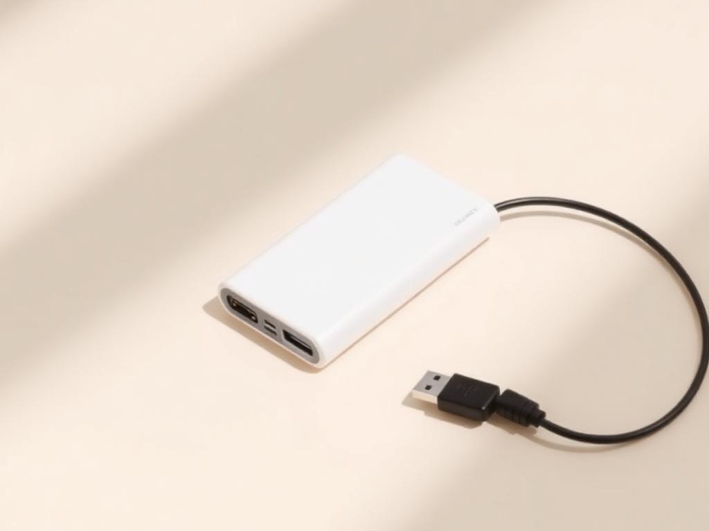 White slim portable power bank with USB cable