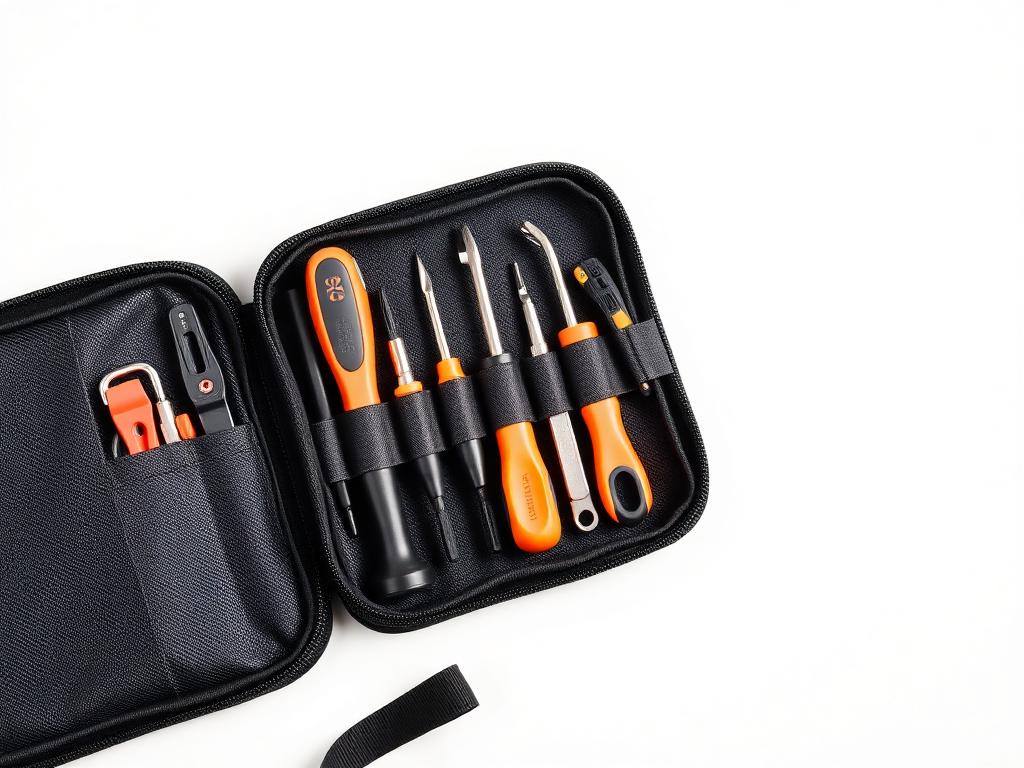 Compact tool kit open in a soft black case