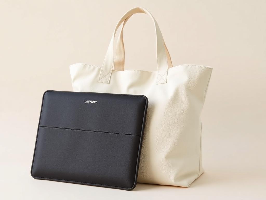 Canvas tote bag next to a black laptop sleeve