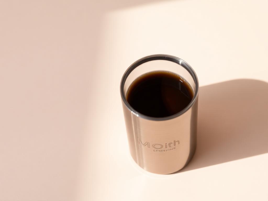 Stainless steel travel tumbler with coffee on a beige surface