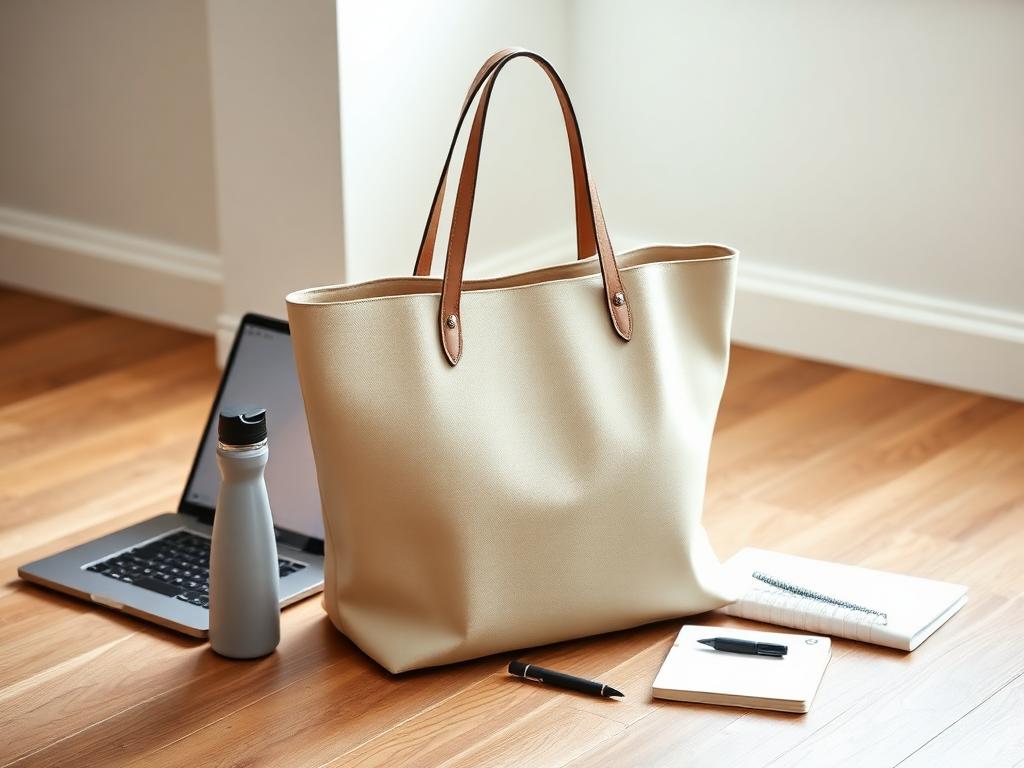 Neutral tote work bag with laptop, water bottle, and notebook