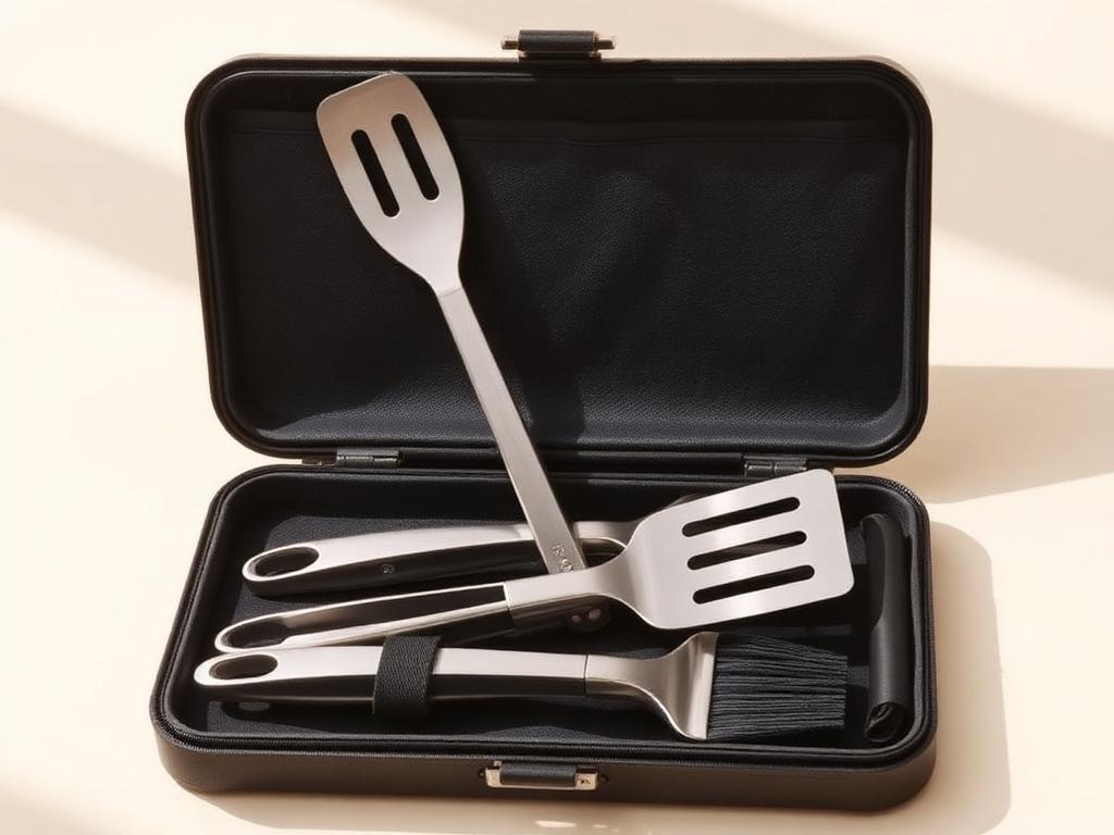 Stainless steel grilling tool set in a storage case