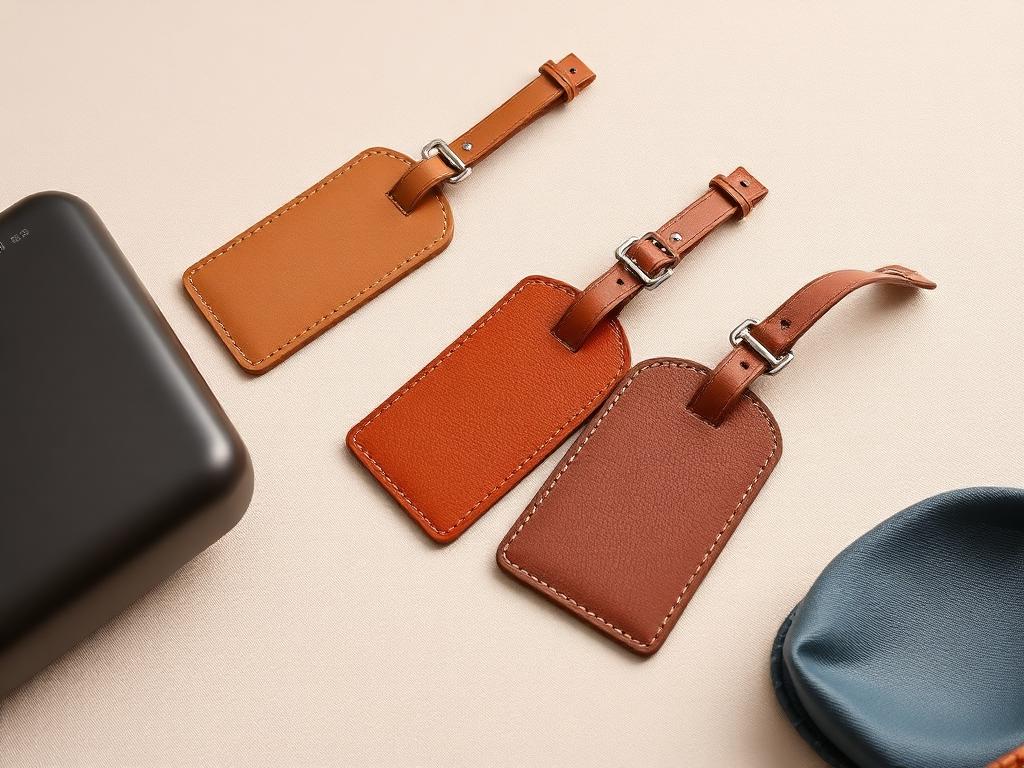 Set of leather luggage tags in muted neutral colors