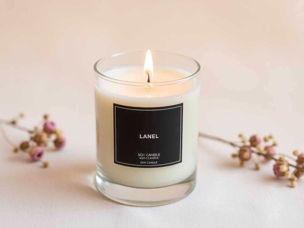 Lit soy candle in a glass jar with dried flowers nearby