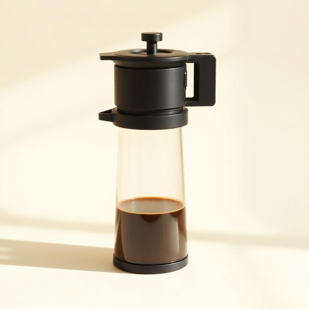 AeroPress style coffee press on a clean cream background