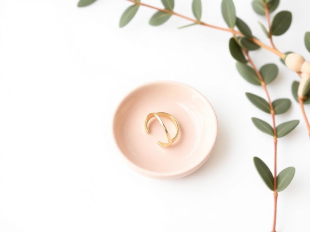 Small blush ceramic ring dish with a delicate gold ring