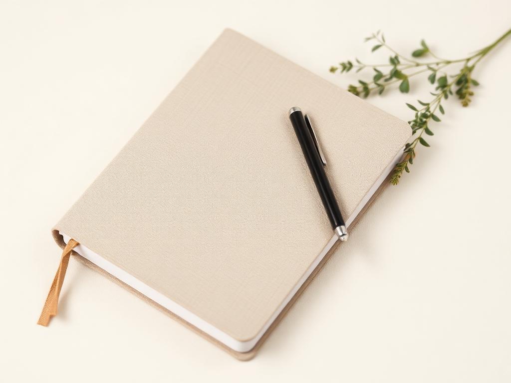 Cream linen journal with a black pen on a soft background