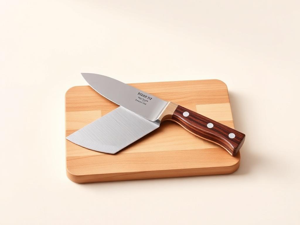 Wooden-handled chef's knife on a small cutting board