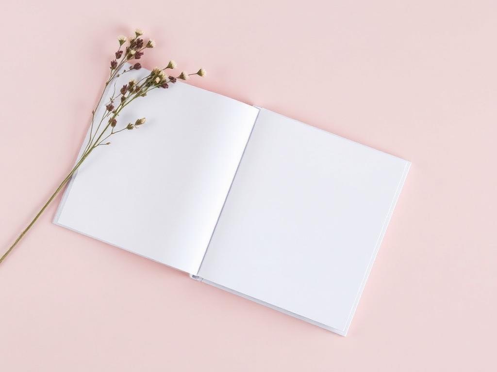 Open softcover photo book with dried flowers on a blush background