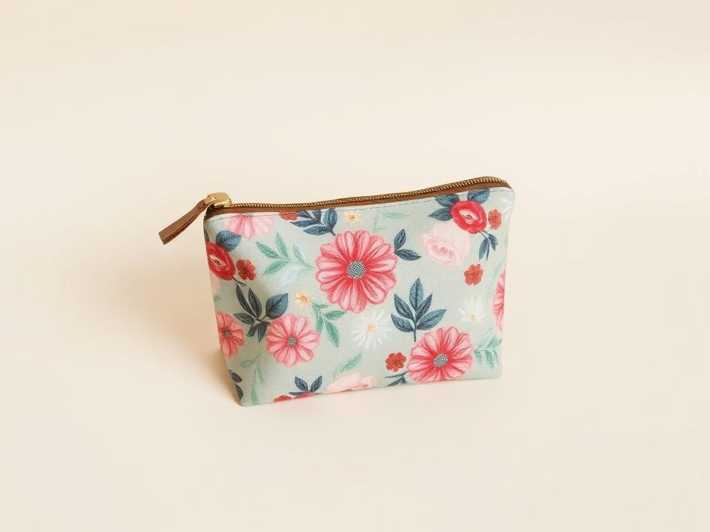 Floral patterned travel pouch on a cream background