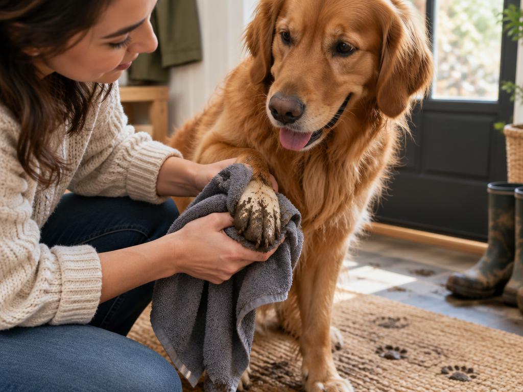 Muddy dog paw being cleaned near an entryway