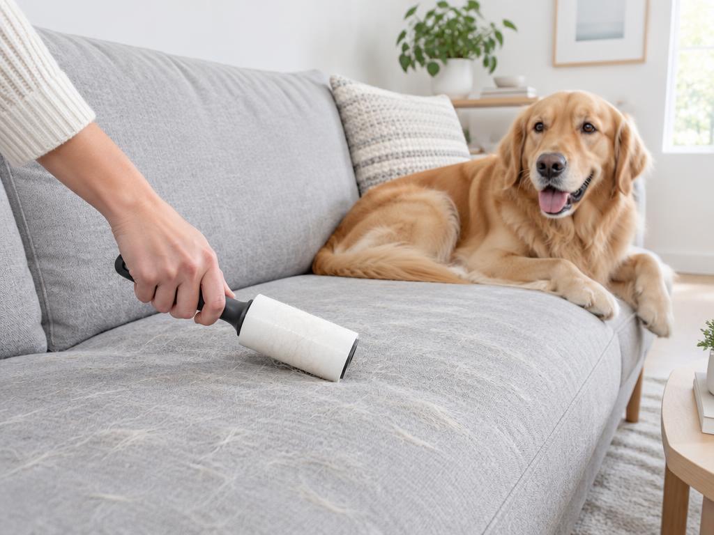 Pet hair being removed from a sofa
