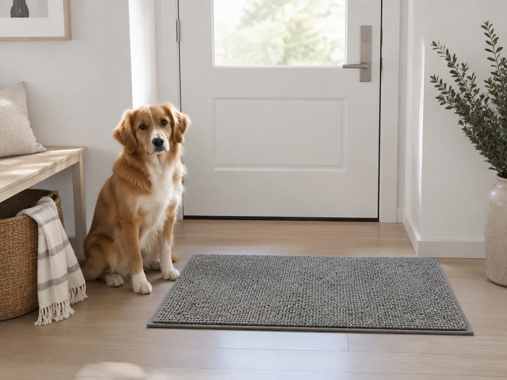 Dog sitting beside an absorbent entry mat at a home entrance