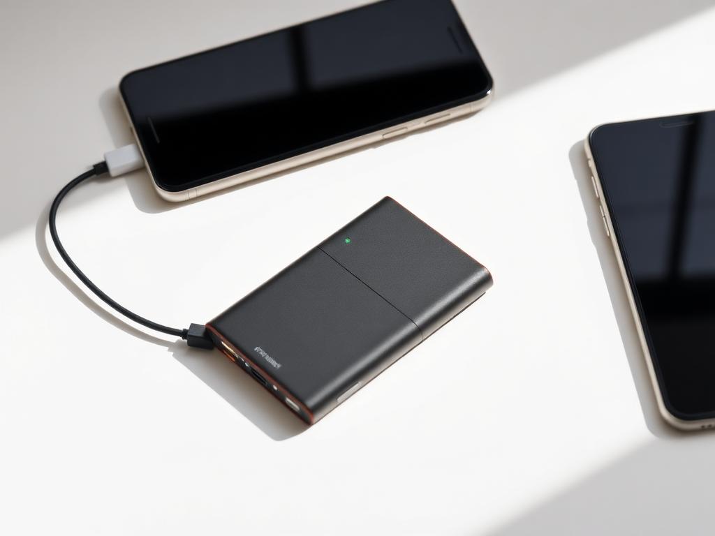 Portable charger with cable beside smartphones