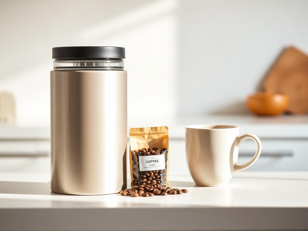 Coffee canister with coffee beans and mug