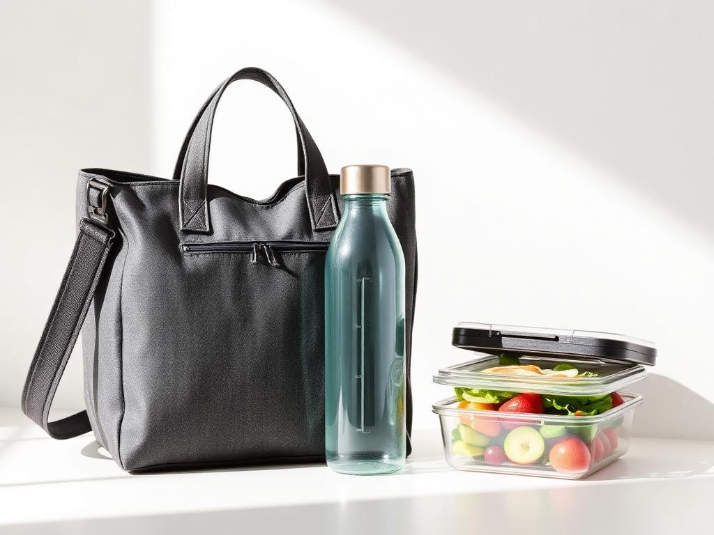 Lunch tote setup with reusable bottle and food containers