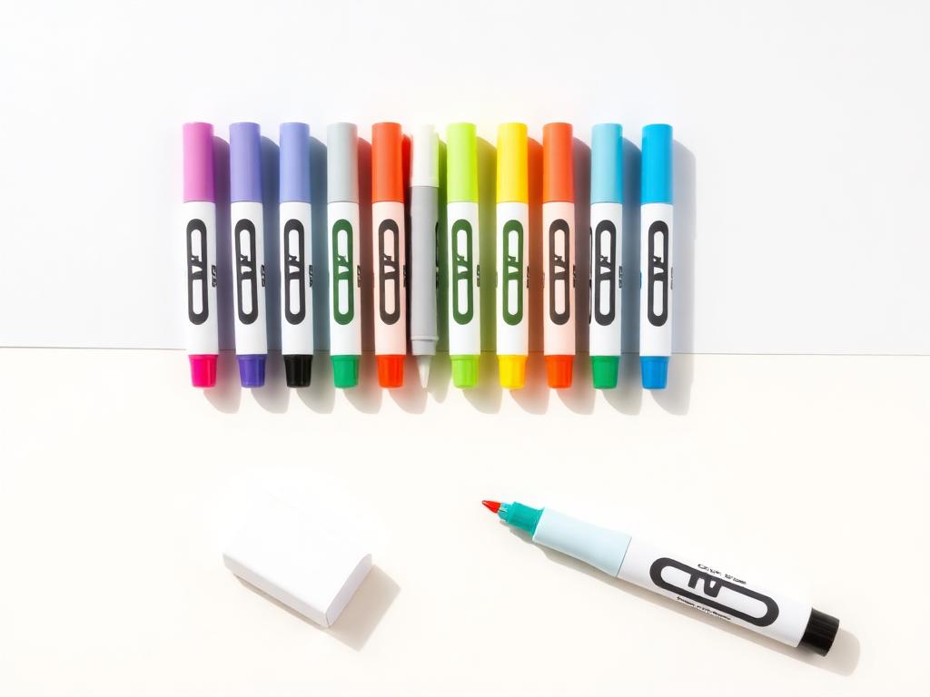 Dry erase markers arranged neatly with an eraser