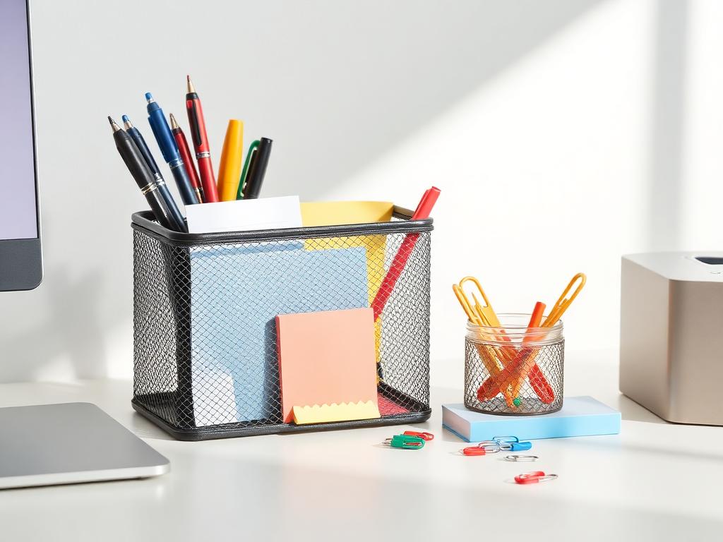 Desk organizer holding pens, sticky notes, and office supplies