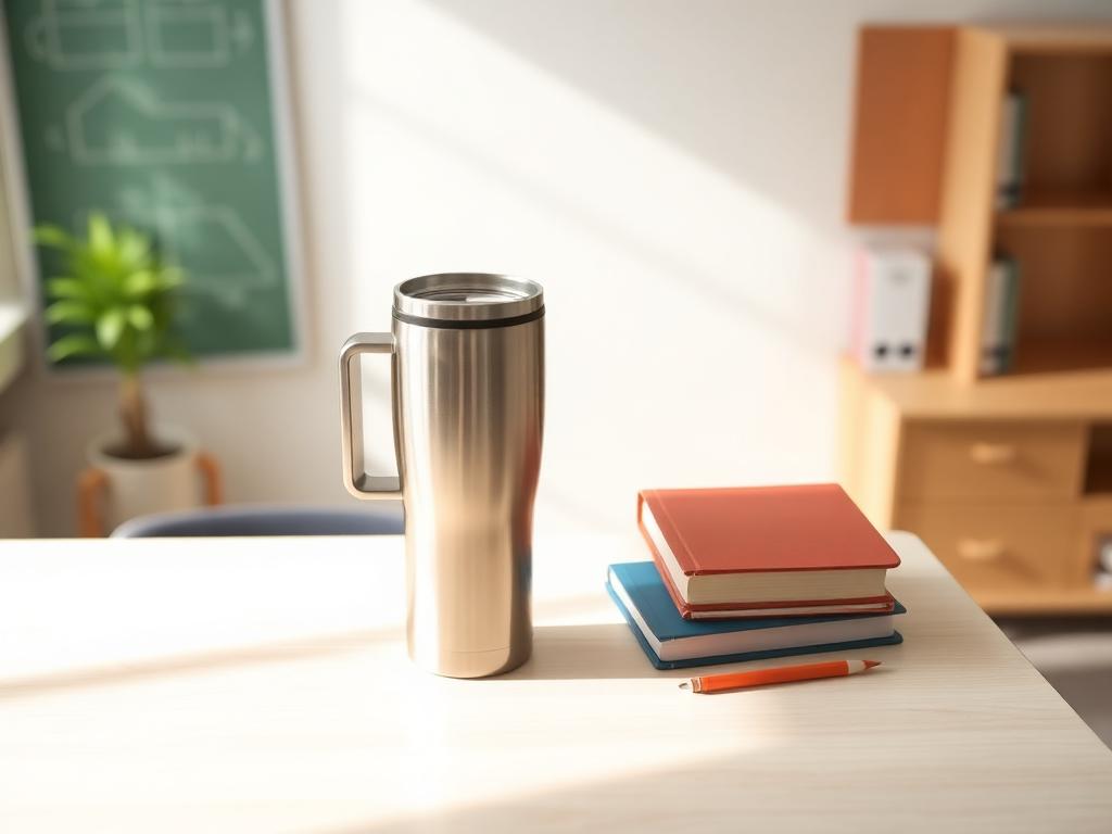 Insulated handled tumbler on a clean teacher desk