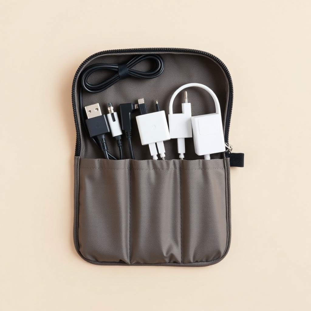 Compact tech organizer pouch with cables and adapters
