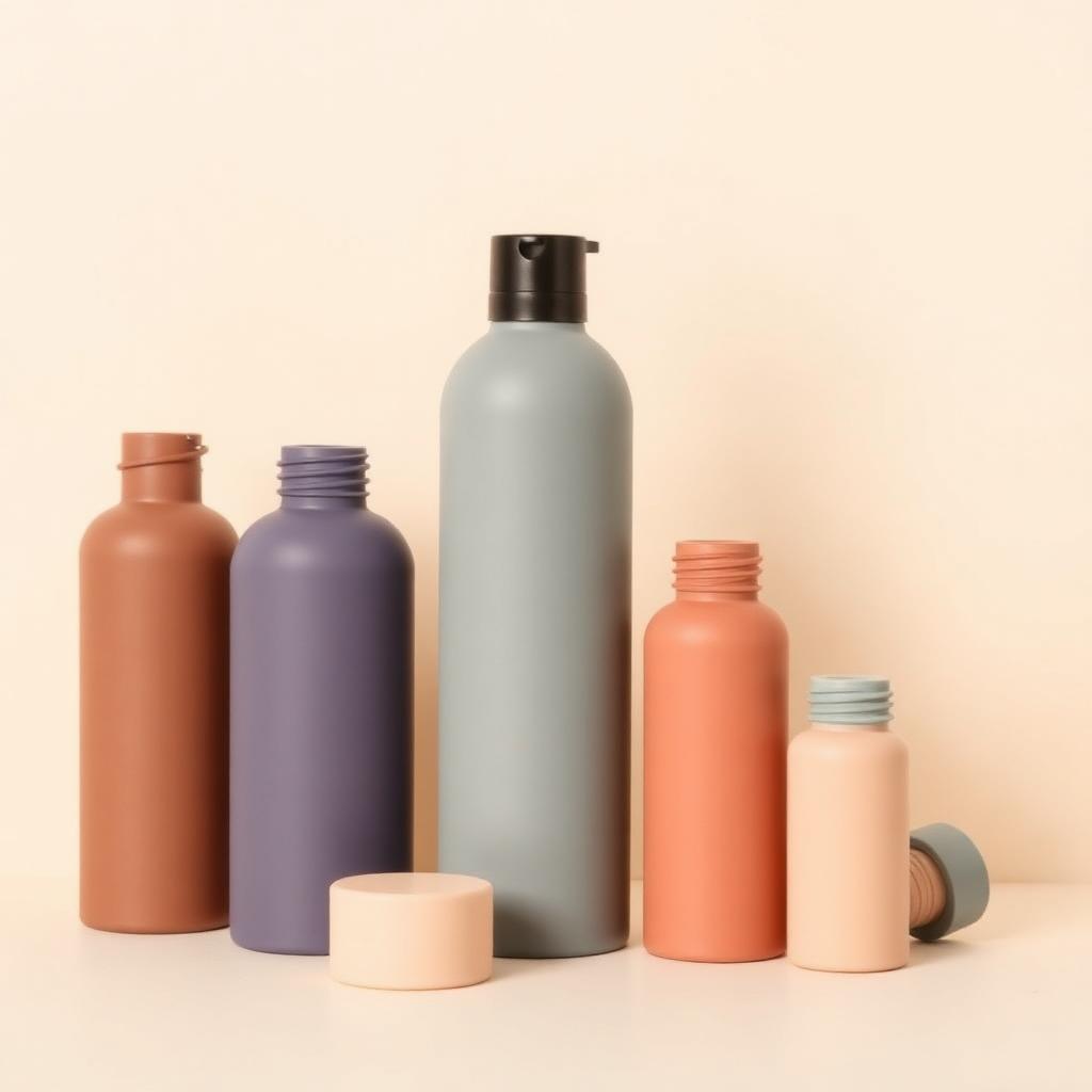 Set of refillable silicone travel toiletry bottles in muted colors