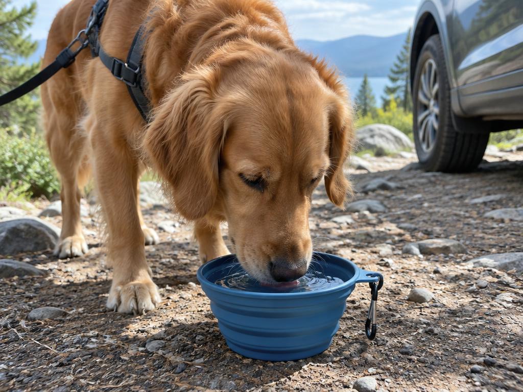 Dog drinking from a collapsible travel bowl outdoors
