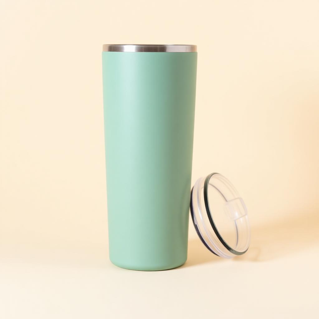 Matte sage green insulated travel tumbler with clear lid